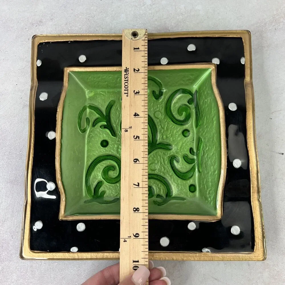 Vintage Art Glass Painted Black &‎ Green Polka Dot Decorative Bowl